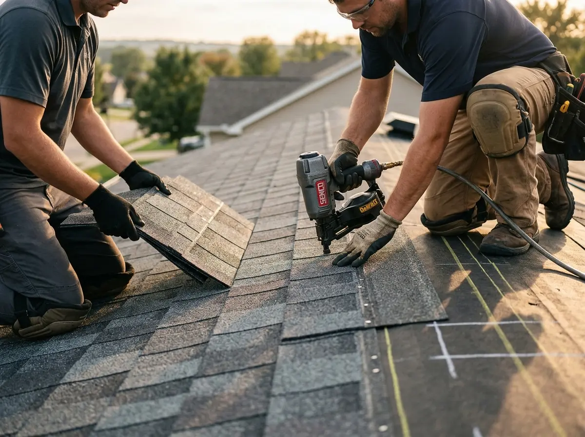 Professional roofer working on a residential roof in North Manchester